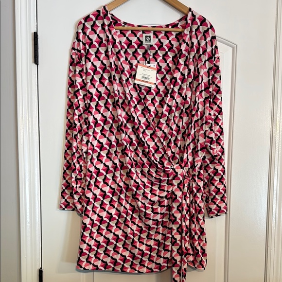 Anne Klein Pink & Black Printed 3/4 Sleeve V-Neck Wrap Top Rich Camellia Multi - Picture 2 of 8